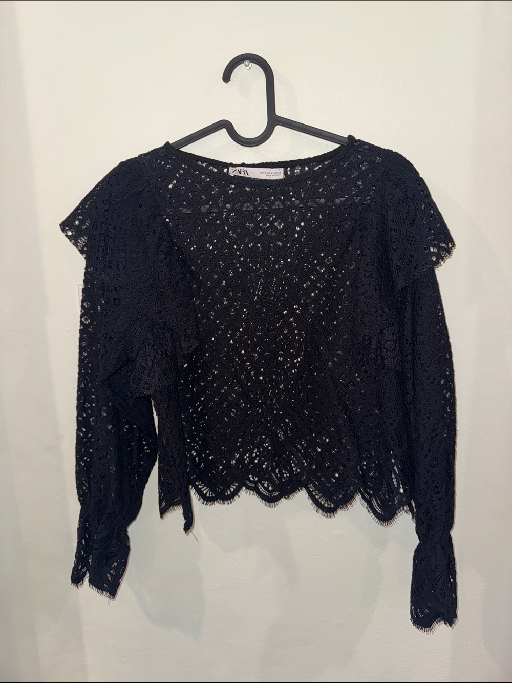 Zara Black Crochet Ruffle-Sleeve Blouse